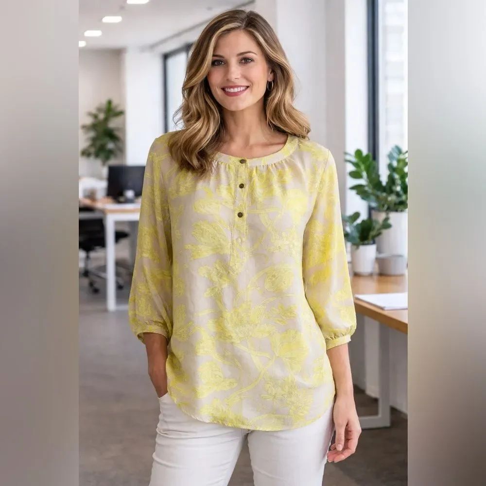 Banana Republic Women's 3/4 Sleeve Floral Yellow Blouse Button Front Size Medium